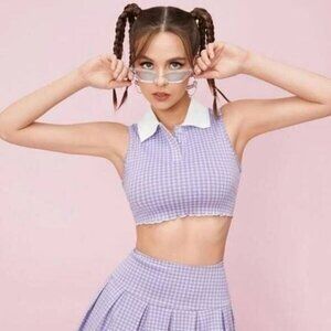 Shein Houndstooth Purple Collared Cropped Polo Tee